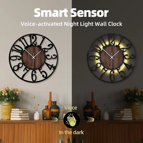 Miniatura 3 de Reloj de pared grande de 20 pulgadas de metal con voz y sensor de luz nocturna, luz en la oscuridad, silencioso, sin tictac, funciona con batería