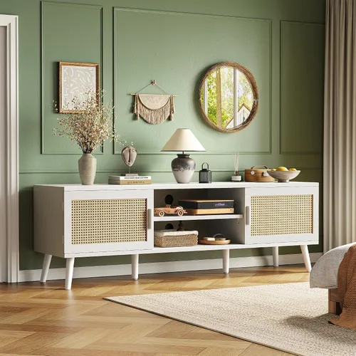 Miniatura 8 de SUPERJARE Soporte de TV para TV de 65 pulgadas, centro de entretenimiento con estante ajustable, consola de TV de ratán con 2 gabinetes, consola