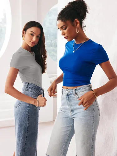 Miniatura 5 de TECREW Camiseta corta de verano para mujer, de manga corta, estilo casual, básica, cuello redondo, ajustada