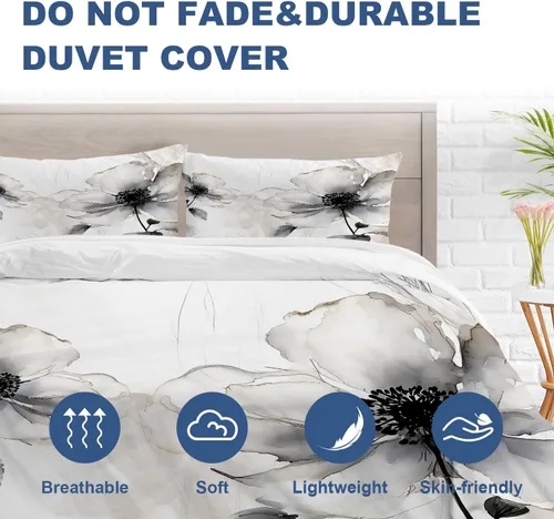 Miniatura 5 de Batmerry Flowers Watercolor Twin Size 3 Pieces Bedding Duvet Cover Sets, Soft Fluffy Elegant Black White Flower Painting 100% Cotton Printed Duvet