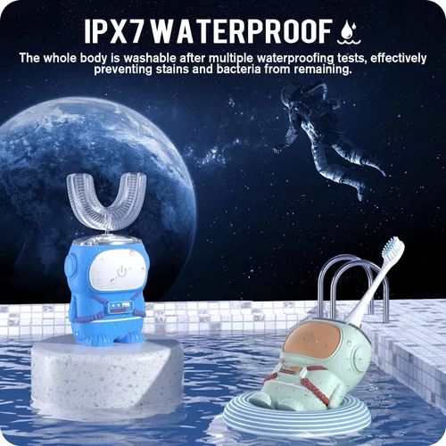 Miniatura 6 de RexCodar Cepillo de dientes eléctrico ultrasónico en forma de U para niños, IPX7 impermeable, cinco modos de limpieza, astronauta de dibujos