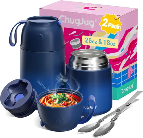 Paquete de 2 termos para comida caliente para adultos y niños, boca ancha, tarro de alimentos aislado al vacío con cuchara, termo de sopa a prueba
