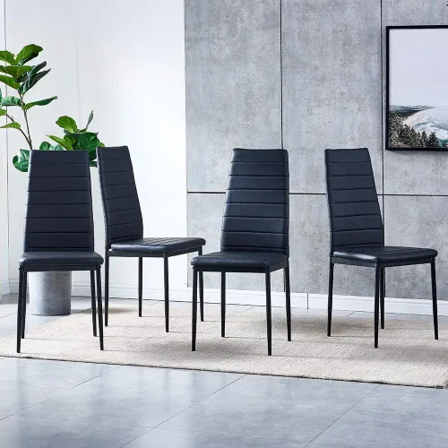 Miniatura 5 de Juego de 5 sillas de mesa de comedor, mesa de comedor rectangular de cristal negro y 4 sillas de comedor de piel sintética negra, juego de comedor