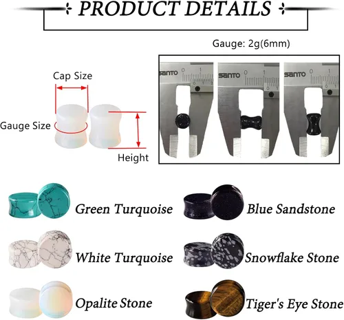 Miniatura 18 de Qmcandy - Juego de 6 pares / 16 pares de dilatadores para las orejas, de piedra mixta, expansores, conjunto de perforación corporal calibre 8G a 3/4