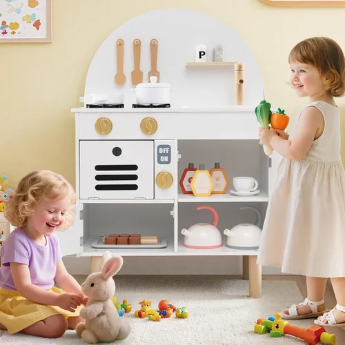 Miniatura 8 de Costzon Juego de cocina para niños, cocina con estufas, grifo, fregadero, microondas, gabinete, horno y accesorios de cocina, cocina de madera