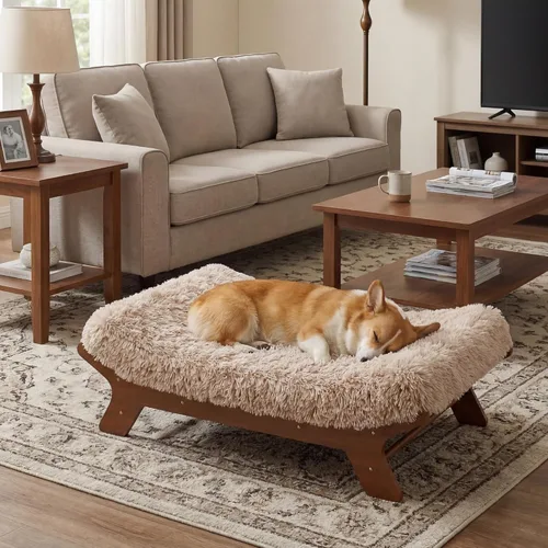 Miniatura 9 de Muihood Marco de cama elevado de madera para perro y colchón de espuma para jaula de huevos, lujoso adecuado para mascotas de hasta 60 libras