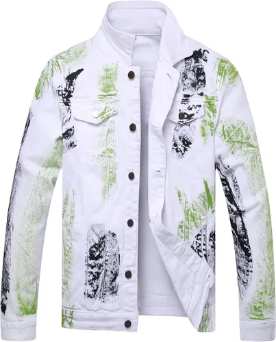 Miniatura 19 de LAMKUKU Chaqueta de mezclilla para hombre rasgada ajustada, abrigo de chaqueta vaquera para hombres