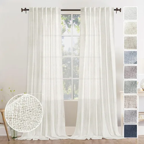 Miniatura 61 de Cortinas de lino 92 pulgadas de largo, juego de 2 paneles con bolsillo para barra, lengüeta trasera, cortinas transparentes para ventanas