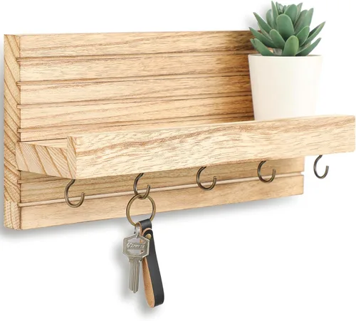 Miniatura 14 de Lwenki Soporte decorativo para llaves de pared con estante, estante de entrada con ganchos para correas, chaquetas y gafas, colgador de entrada