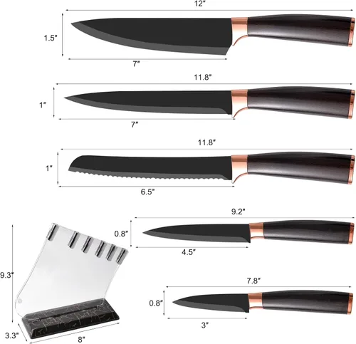 Miniatura 4 de Juego de cuchillos de cocina con bloque acrílico, 6 piezas de acero inoxidable de alto carbono afilados con revestimiento antiadherente, para chef