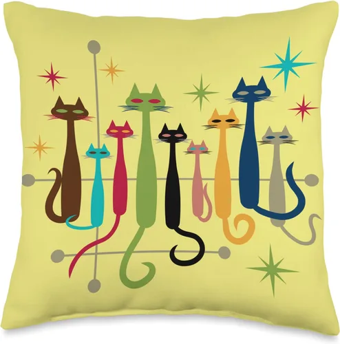 DW Mid Century Modern Cats Almohada vintage retro de mediados de siglo con aspecto moderno de gatos de los años 50, 60, 15.7 x 15.7 in, multicolor