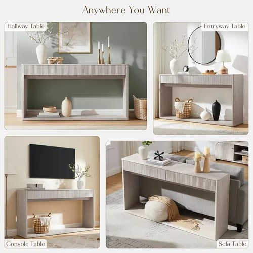 Miniatura 8 de OKD Mesa consola acanalada de 63 pulgadas para entrada, mesa de entrada moderna con 2 cajones grandes, mesa de sofá larga detrás del sofá para sala