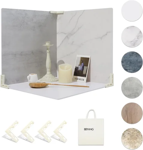 Miniatura 12 de BEIYANG Telones de fondo de fotografía de alimentos de 24 x 24 pulgadas, tableros de fondo de fotos de mármol blanco con 3 kits de soporte, tablero