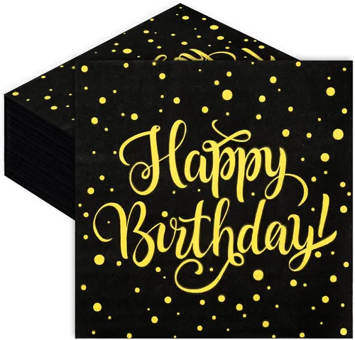 JarThenaAMCS 80 servilletas de feliz cumpleaños, servilletas de cóctel con puntos negros y dorados, servilletas de papel desechables para fiestas,