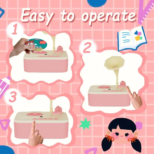 Miniatura 6 de Fonógrafo para niños con 96 tarjetas, reproductor de música de cuentos para niños de 3 a 6 años, juguete sensorial musical para niños y niñas, Rosa
