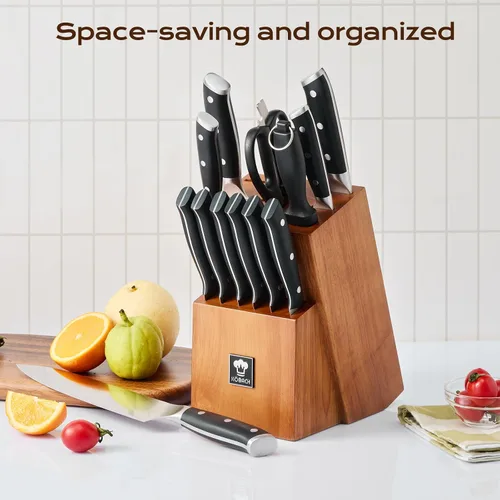 Miniatura 5 de Juego de 14 piezas de cuchillos con bloque de madera de roble, juego de cuchillos de cocina de acero inoxidable de alto carbono con cuchillo