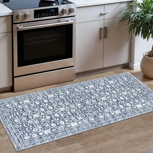Miniatura 63 de Lansny Alfombra bohemia de 2 x 3 pulgadas, lavable, color negro, azul marino, floral, alfombra de cocina, alfombra de área pequeña de lana