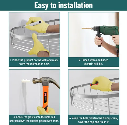 Miniatura 7 de Estante de ducha de acero inoxidable para montaje en pared, gancho individual y toallita de baño, impermeable, duradero, estante de ducha de esquina