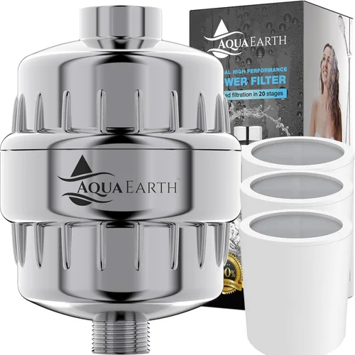 Aqua Earth Filtro de ducha de 15 etapas, 3 cartuchos incluidos con filtros de ducha de vitamina C para agua dura, tecnología única de carbón