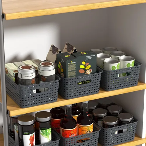 Miniatura 4 de Paquete de 6 cestas de almacenamiento de tejido de plástico, contenedores organizadores tejidos grises Para despensa, cocina, gabinete, estante