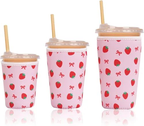 Miniatura 34 de Funda aislante reutilizable para taza de café helado, paquete de 3 fundas de neopreno para bebidas frías y calientes, soporte para bebidas para café