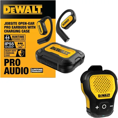 DEWALT Altavoz portátil y auriculares de oído abierto de alta resistencia, juego de trabajo inalámbrico, resistente al agua, batería larga, llamadas