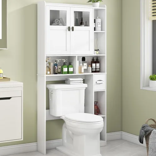 Miniatura 22 de Vabches Armario de almacenamiento sobre el inodoro con puertas dobles, soporte para papel higiénico y estante ajustable, ahorro de espacio Gris