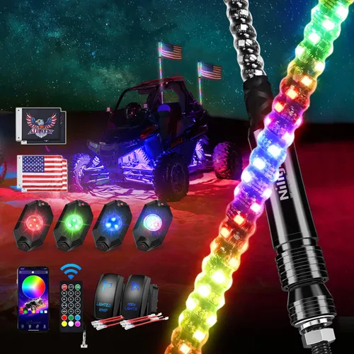 Nilight Juego de 2 luces LED RGB de 3 pies y 4 luces de rock, control remoto y aplicación con patrones de persecución de bricolaje, antena de