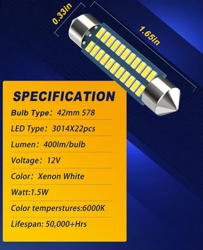 Miniatura 4 de Bombilla LED para auto Serundo Auto 578 de 1.65 pulgadas, bombilla 211-2 y 212-2, 41mm 42mm, 22SMD 3014 chips 6000k blanco súper brillante, para luz