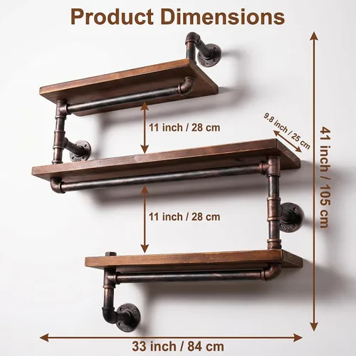 Miniatura 2 de Estantería de tubo industrial Pipe, madera moderna rústica, 3 estantes de pared de tubos escalonados, tubo de hierro forjado, estantería de diseño