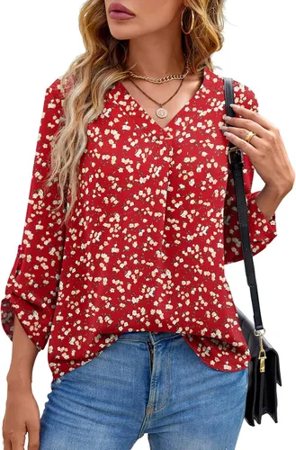Miniatura 2 de QUEZHU Blusas de manga 34 para mujer, estilo casual, elegante, de gasa, cuello en V, blusas