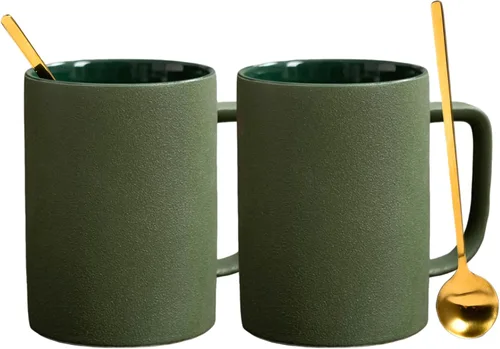 Tazas de café mate de porcelana esmerilada, taza de té para oficina en casa, restaurante, tazas con cucharas de café largas y pequeñas, juego de 2,