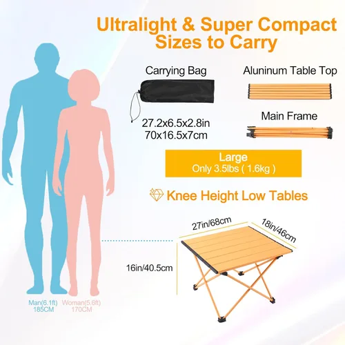 Miniatura 3 de Tesouro Mesa de camping portátil, mesa auxiliar plegable de aluminio para cocinar al aire libre, senderismo, viajes, picnic (albaricoque-grande)