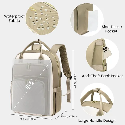 Miniatura 3 de LOVEVOOK Mochila para laptop para mujer, mochila de trabajo de moda con puerto USB, mochilas impermeables para el trabajo., Caqui-beige, 15,6 pulg.