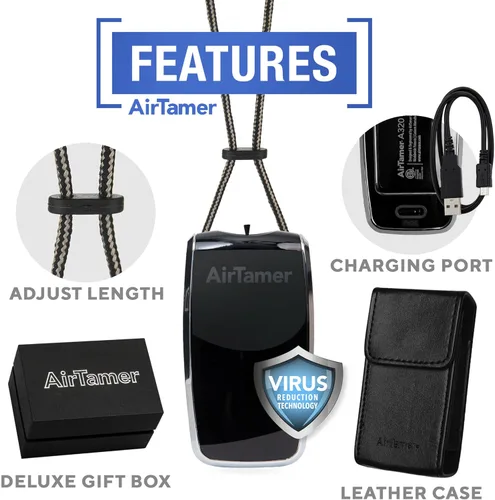 Miniatura 4 de AirTamer Purificador de aire personal recargable A320, rendimiento probado, probado contra virus y contaminantes*, negro con estuche de viaje
