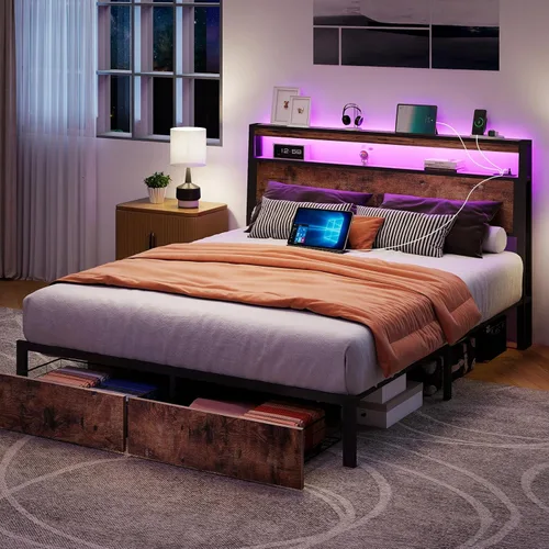 Miniatura 7 de SADENICEL Base de cama de tamaño matrimonial con almacenamiento, plataforma de cama de madera LED con cabecero, 2 cajones, estación de carga,