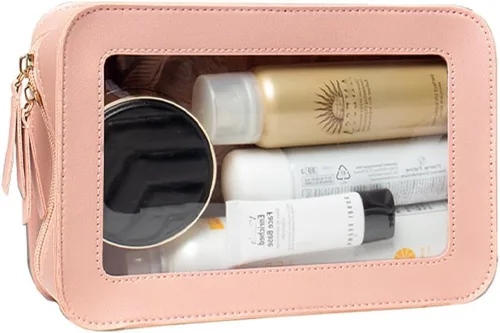 Miniatura 2 de Bolsa de maquillaje transparente pequeña, aprobada por la TSA, bolsa de aseo portátil con cremallera, bolsa de viaje para cosméticos, estuche Rosa
