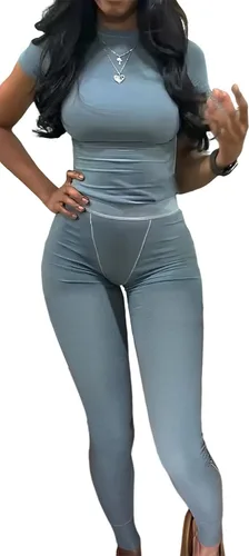 YETOWA Conjunto de entrenamiento casual para mujer, 2 piezas, pantalones cortos, conjuntos de yoga, manga corta, leggings elásticos de cintura alta
