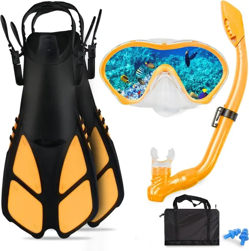 Miniatura 13 de Juego de esnórquel para niños – Aletas ajustables + máscara de esnórquel panorámica + tubo de esnórquel seco + bolsas de viaje – Adecuado para niños