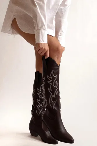 Miniatura 3 de MeiLuSi Botas vaqueras para mujer, hasta la rodilla, botas vaqueras con punta puntiaguda, tacón grueso, zapatos de gamuza con bordado