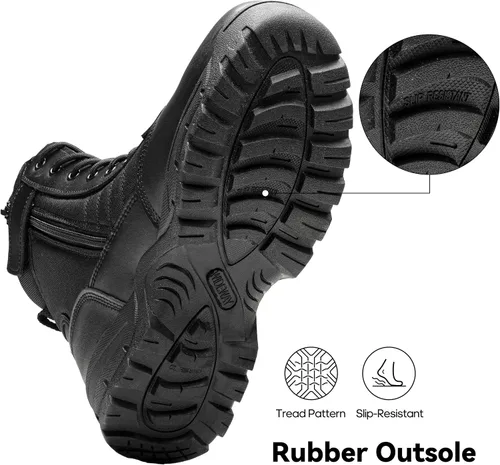 Miniatura 5 de Botas tácticas para hombre, 8 pulgadas, cremallera lateral, botas militares de combate de cuero, botas de trabajo para hombres, policía, motocicleta
