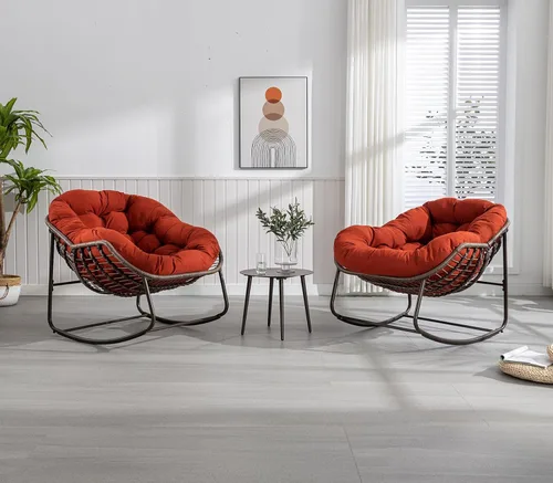 Miniatura 10 de Antetek Silla mecedora para patio al aire libre, cómoda silla de mimbre con cojín acolchado, mecedora de gran tamaño para interiores y exteriores