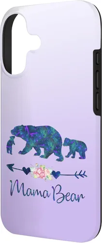 Miniatura 2 de Teal Blue Purple Floral Mama Bear and Two Cubs Silver Purple Case for iPhone 17