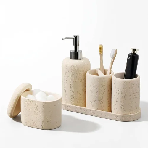Miniatura 9 de Juego de accesorios de baño, organizador de baño para encimera, dispensador de jabón y soporte para cepillo de dientes, taza de enjuague bucal