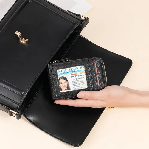 Miniatura 2 de RNIEGA Cartera pequeña para tarjetas de crédito, ligera, de cuero vegano, acordeón con cremallera, cartera para tarjetas de moda Rfid para mujer