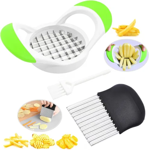 Cortador de arrugas, cortador ondulado de acero inoxidable, cortador de ensalada de verduras con cepillo de limpieza, cortador de fritas para papas