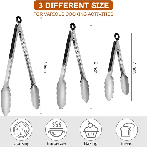 Miniatura 2 de 9 pinzas de cocina de acero inoxidable para asar, pinzas de cocina antideslizantes de metal para cocinar, ensalada y barbacoa, 7, 9 y 12 pulgadas