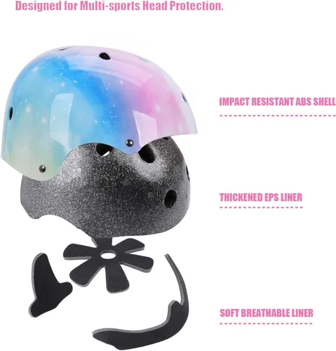 Miniatura 6 de Casco para niños con rodilleras, coderas y protectores de muñeca, equipo de protección para niños de 3 a 5-8 años para niños y niñas, apto para Rosa