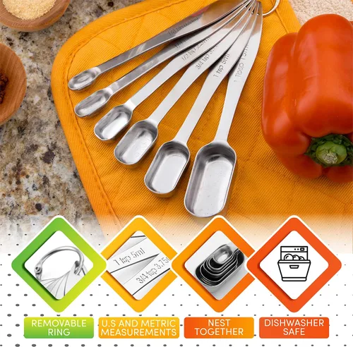 Miniatura 6 de Spring Chef Juego de 7 cucharas medidoras de acero inoxidable con nivelador, cucharadita de metal rectangular y cucharada medidora para ingredientes