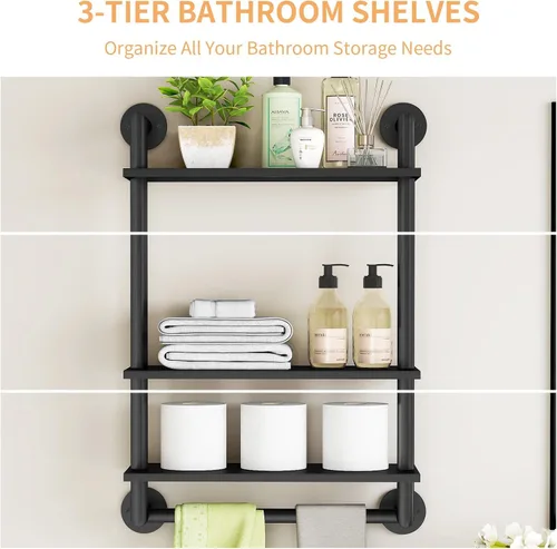 Miniatura 3 de STWWO Estantes de baño montados en la pared, estante de baño negro de 3 niveles con toallero, toallero flotante de acero inoxidable de 26 pulgadas